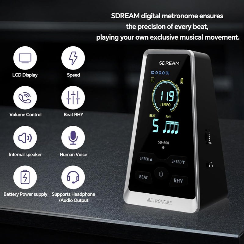 SDREAM Digital Metronome for Piano,Guitar,Violin,Rechargeable LCD Electronic Metronome with Human Voice,Professional Metronome for Beginners & Musicians,Instrument Volume & Beat Speed Adjustable - Image 3